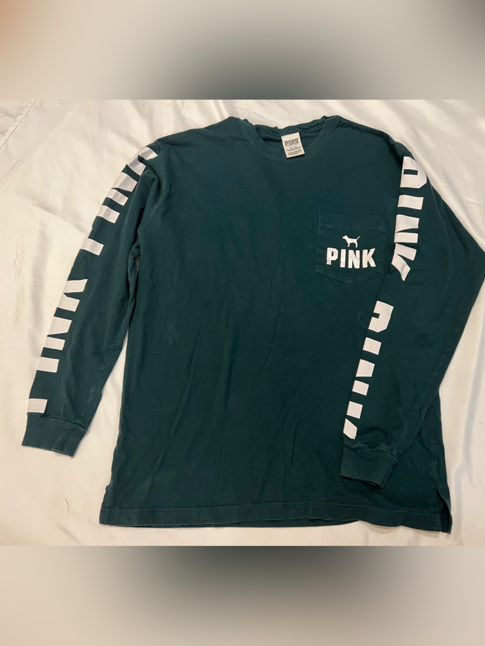 Victoria's Secret PINK Dark Teal Long Sleeve Pocket Tee with White Logo